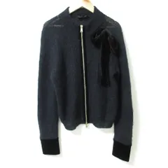 良品 EMPORIO ARMANI エンポリオアルマーニ ベロアリボン ダブルジップ ニットブルゾン ジャケット カーディガン サイズ38 ネイビー レディース 古着 中古 USED