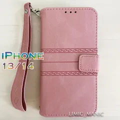 iPhone 14 / 13 スマホ ケース 手帳型 エスニック ショルダー 肩掛け 紐付き ストラップ レザー調 ピンク PINK