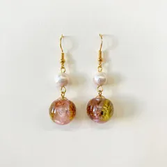 【ハンドメイド】UVレジン ピアス ドライフラワー パール ピンク 