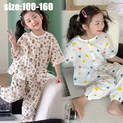 キッズ パジャマ 半袖 子供パジャマ 女の子 ガーゼパジャマ プリント ベビー 夏 前ボタン トップス+ズボン ルームウェア 部屋着 セットアッ
