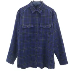 mont-bell モンベル ウール100％ チェック柄 長袖 シャツ L ネイビー系 アウトドア メンズ 古着