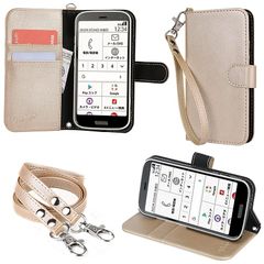 wisers らくらくスマ-トフォン F-52B 対応 手帳型スマホケース (ゴールド) (カードホルダー/スタンド機能付き) ストラップ 2種付き (ハンドストラップ/ネックストラップ) プレゼント 0