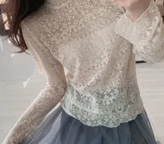 レース ブラウス 長袖 シースルー レーストップス ハイネック きれいめ フェミニン 春 夏 秋 冬 韓国風 大人可愛い レディース トップス 体型カバー [1076]