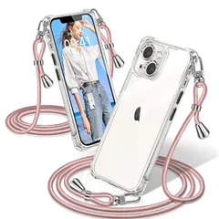 iPhone 13 mini ケース クリア ショルダー 耐衝撃 iPhone13mini スマホケース 透明 織りストラップ付き 肩がけ 首掛け 紐付き アイフォン13mini カバー 縄掛け シングルショルダーロープ 斜めがけ 調節可能なショルダー ク 0