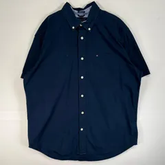 古着 トミーヒルフィガー TOMMY HILFIGER 半袖シャツ ロゴ 刺繍 ボタンダウン L  ネイビー 無地 メンズ