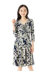 エジェリ(EGERIE)ワンピース T1 T2 T3サイズ 七分袖 膝丈ワンピース リーフ柄 Vネック レディース フランス製 　ジャージー素材  ワンピース 大人 上品 体型カバー エレガント　インポート 春 夏 秋 春夏