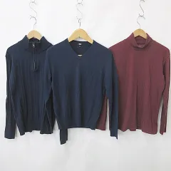 ユニクロ UNIQLO ミズノ MIZUNO ニッセン nissen 3枚セット ニット ハイネックシャツ Vネック ハイネック ハーフジップ リブ 長袖 ストレッチ ロゴ 刺繍 無地 ボーダー 紺 ネイビー 赤 レッド M