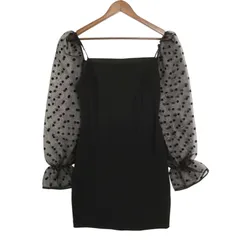 SHEIN シーイン 通年 ストレッチ★ エラスタン 袖ドット ワンピース ミニドレス パーティー Sz.M レディース 黒