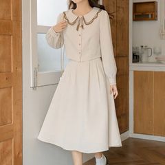 【新品】フレンチレトロ♡ワッフルスーツセットアップ レディース ワンピース 長袖 秋冬 スカラップ襟 白ワンピ 襟付き ボウタイ ハイウエスト S M L XL 　E1356