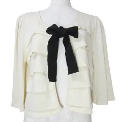 ハロッズ Harrods ティアード カーディガン 五分袖 ショート丈 レーヨンニット リボン ベージュ X