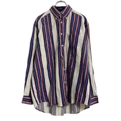 TOMMY HILFIGER 長袖 ストライプシャツ M ネイビー ホワイト レッド トミーヒルフィガー コーデュロイ 古着卸 アメリカ仕入 a701-7247