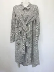 ◇ Θ ROYAL PARTY チェック柄 膝下丈 クロスリボンシャツワンピース サイズF グレー ブラック ホワイト レディース E  【1411070018267】