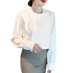 [ウェアビー] パール付き シフォンブラウス トップス 長袖 オケージョン きれいめ レディース ドレス フォーマル カットソー エレガント オシャレ 春服 トロミ シャツブラウス ロングシャツ オフィスカジュアル 大人 カジュアル春物 [アイボリー] [M]