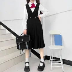 ☆ ブラック ☆ L ☆ ジャンパースカート フォーマル 4点セット  ジャンパースカート 制服 胸付きスカート 女子 女の子 学生 学生服 プリーツスカート スクールスカート Vネック コスプレ コスチューム 無地 シンプル 高校生 中学生