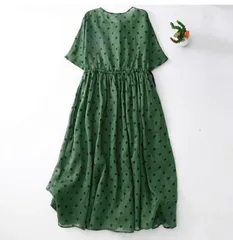 ワンピース ドットワンピース レディース 半袖 綿麻風ワンピース 水玉柄 ワンピース 緑色 リネン混 ロングワンピース ナチュラル ミモレ丈 フレアワンピース 大