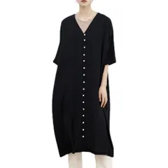 ☆ ブラック ☆ M ☆ ワンピース Vネック カジュアル ゆったり 半袖 ssfz9121 フロントボタン ワンピース レディース 半袖 ロング丈 半袖ワンピース ロングワンピース 5分袖 五分袖 ゆったり カジュアル ナチュラル 体型カバー 無地 シンプル