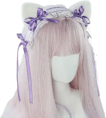 TOCOHCM ネコ耳 ヘッドドレス ロリータ かわいい メイド カチューシャ リボン コスプレ 3WAY ラベンダー 薄紫( ラベンダー（薄紫）)