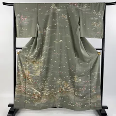訪問着 身丈161cm 裄丈67.5cm L 袷 色紙 草花 金彩 灰緑 正絹 名品 【中古】