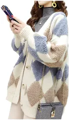 Lion garden(ライオンガーデン) カーディガン アーガイル 秋冬 ニット 厚手 シンプル カジュアル レディース( ホワイト,  XL)