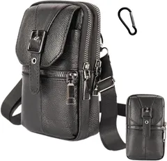 Ｄ．Ｓｔｏｍｏ D.Stomo 3way スマホポーチ ショルダーバッグ ベルトポーチ メンズ 渋めデザイン 海外旅行 無くさない 安全 牛革 レザー 多機能(ブラック,  約横11.5cm x縦19cm xマチ5cm)