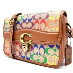 【良品】 COACH コーチ ショルダーバッグ トートバッグ フラップ バックル ストゥーディオ マルチカラー 総柄 ゴールド金具 ロゴ型押し PVCレザー レディース ベージュ 肌色 ブラウン 茶色