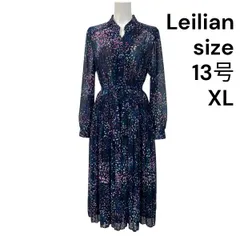 ◆美品 レリアン leilian プリントフレアワンピース ロング 長袖 総柄 ネイビー レディース 13号 XL S5U391