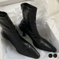 【訳あり】ストレッチレザー スクエアトゥ 切り替え ショートブーツ ブラック 23.0cm