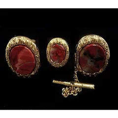 天然石 ジャスパータイピン・カフスボタンセット