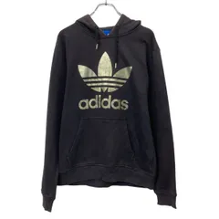 adidas プリントスウェット パーカー S ダークブラウン ゴールド アディダス プルオーバー ビッグプリント 古着卸 アメリカ仕入 a709-6104