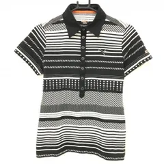【美品】プーマ 半袖ポロシャツ 黒×白 ランダムボーダー ロゴ刺しゅう レディース O(XL) ゴルフウェア PUMA