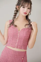 1297❤ ラブリッチ ツイード チェック セットアップ キャバドレス ピンク ファスナー ノースリーブ スリット ミニドレス キャバドレス キャバクラ キャバ ジップ
