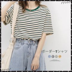 カラーボーダー Tシャツ レディース半袖全4色 レトロ風 バイカラーｔシャツ クルーネックカットソー 配色 プルオーバー 着やせ 夏トップス おしゃれカジュアル夏服ラウンドネック ボーダー服 可愛い 韓国ファッション