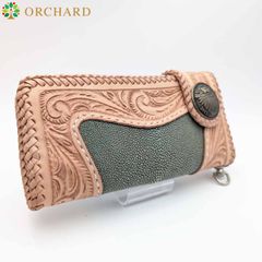 スティングレイ エイ革 ガルーシャ バイカーズウォレット バイカー バイカーウォレット フラワーカービング ウォレットチェーン ターコイズブルー