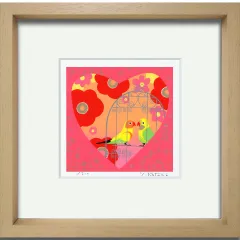 吉岡浩太郎『ささやき』版画 額入り 新品 絵画 ハート 小鳥と花 風水開運画