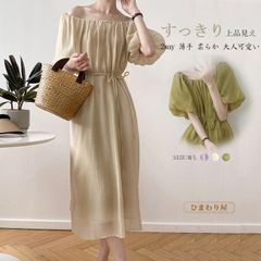 ロングワンピース フレア 春夏 レディース ゆったり リゾートワンピース ロング丈 無地 ふんわり バルーンスリーブ Aライン 五分袖 大人可