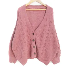 ビス ViS ニットカーディガン モールニット ミドル丈 ケーブル編み F ピンク /FF25