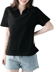 [ブブ オーハナ] シャツ Tシャツ Vネック レディース 女性 服 ティーシャツ ティシャツ ポロシャツ ポロTシャツ キレイメTシャツ レディースポロシャツ 春服 夏服 秋服 冬服 オールシーズン ストレッチ性 (XL, 黒) [ブラック] [XL]