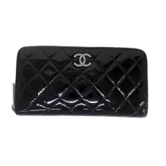 【天白】シャネル 長財布 マトラッセ ラウンドファスナー ブラック シルバー金具 財布 ココマーク A50106 エナメル