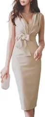 ISLAYCAOLILA リボン ワンピース カシュクール タイト クラブドレス Vネック ノースリーブ ひざ丈 レディース(ベージュ,  M)