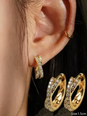 ジュエリー レディース イヤーアクセサリー 1ペア S925スターリングシルバー クロスキュービックジルコニア ダブルフープピアス、高級ヨーロッパ&アメリカンファッション、仕事や日常着に最適、友人や恋人への素敵なギ