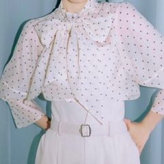 LILY BROWN リリーブラウン オーガンザボリュームフレアボウタイブラウス シャツ ブラウス ドット柄 パフスリーブ リボン シアー オーガンジー アイボリー ホワイト 白 サイズF レディース 春 有明ガーデンrecollect店 1 No.576H