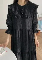 新品 セーラー ビック襟 フリル レース ティアード シースルー ロング丈ワンピース 黒