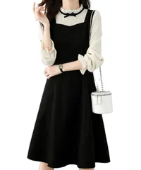 [Dep Club] ワンピース 可愛い ニット レディース 切り替え 大きいサイズ きれいめ ニットワンピ ドレス 長袖 リボン 春 秋 冬 秋冬 服 (L, ブラック) [ブラック] [L]