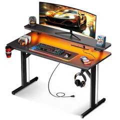 MOTPK ゲーミングデスク LEDライト付き ゲーミングテーブル PCデスク 炭素繊維天板 モニター台付き パソコンデスク フック付き コンセント付き ゲーミング机 ゲームデスク 幅100cm*奥行50cm*高さ75cm ブラック 1