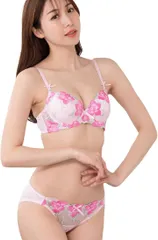 Moca＆Bunny レディース ブラジャー ショーツ 上下 セット 3/4 カップ 花柄 刺繍 派手 おしゃれ セクシー ずれにくい 清楚 シンプル(ピンク,  D70)