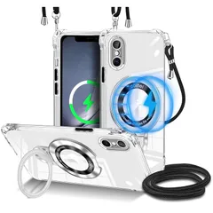 iPhone Xs 用 ケース iPhone X 用 ケース クリア ショルダー リング付き MagSafe対応・隠しスタンド iPhone Xs カバー 肩掛け 首掛け 斜めがけ 紐付き 長さ調整可能 韓国 耐衝撃 米軍MIL規格 スタンド機能 TPU 