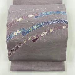 【美品】 袋帯 秀品 おしゃれ結城 紬地 蔓帯 草花 刺繍 薄紫 お太鼓柄 正絹 【中古】
