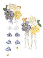 【数量限定】黄 赤 手作り 紫 鈴付き 結婚式 卒業式 ピンク 花 つまみ細工 和装 グレー 振袖 着物 袴 白と青 浴衣 七五三 成人式 6色 髪飾り2点セット [JZOON]