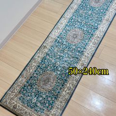プリント キッチンマット　50×240㎝　ブルーグリーン　光沢　軽い　アンティーク調　ペルシャ風プリント　ロングマット　青　緑