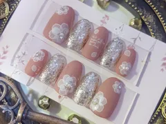 ㉓ 秋色ピンク×たらしこみ風お花ネイル　ハンドメイド　ネイルチップ　現品　サイズオーダー可　かわいい　秋　マット仕上げ